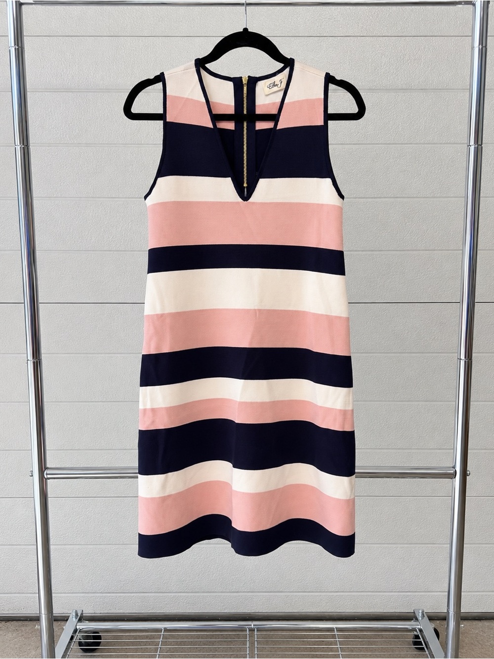 Eliza J Pink Navy Striped Knit Sheath Dress Gold Zip Size S NWOT